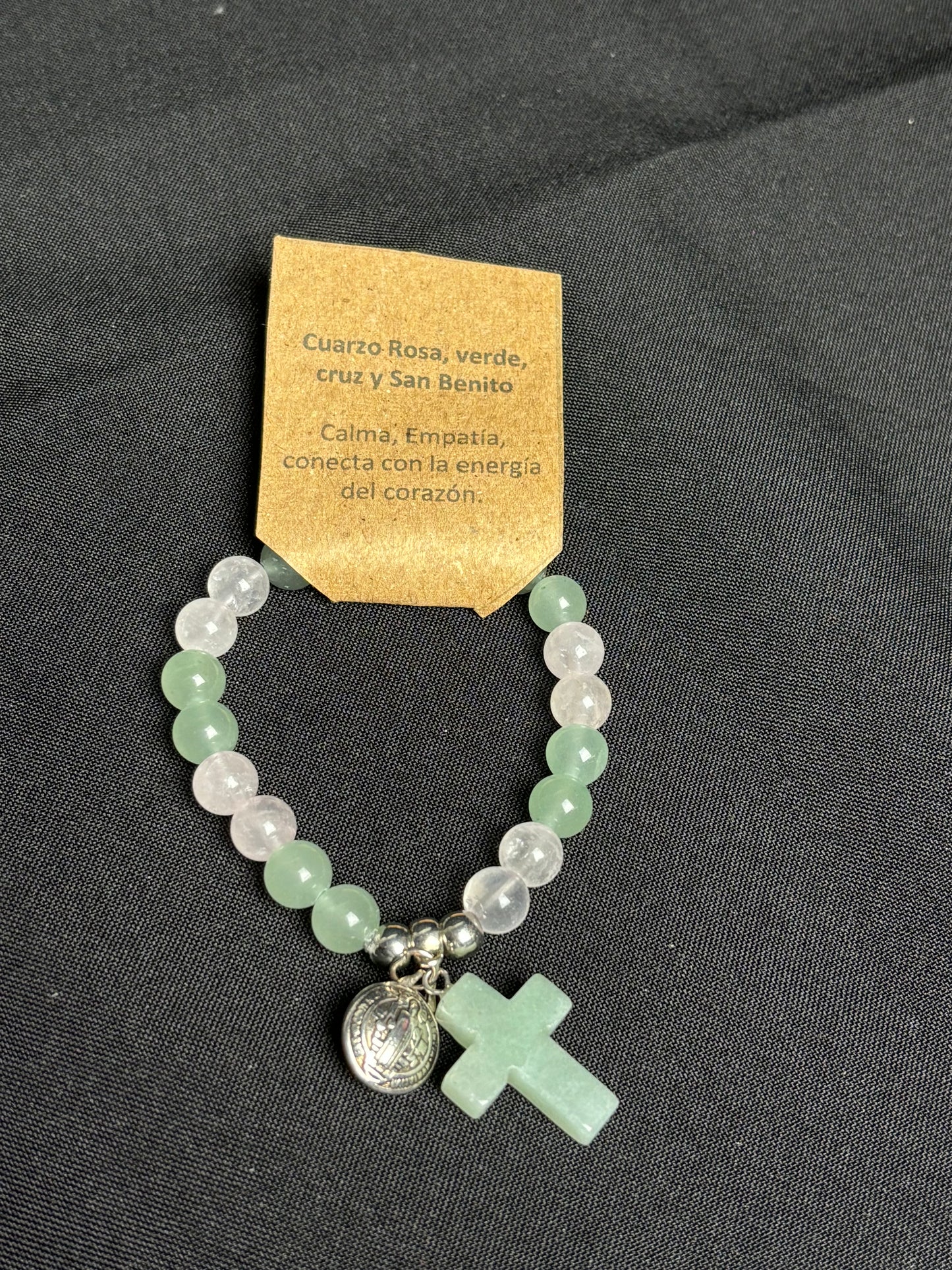 Pulsera Cuarzo Rosa, Verde, Cruz y San Benito