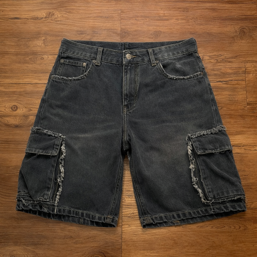 Bermuda Baggy Cargo Negra con Flecos