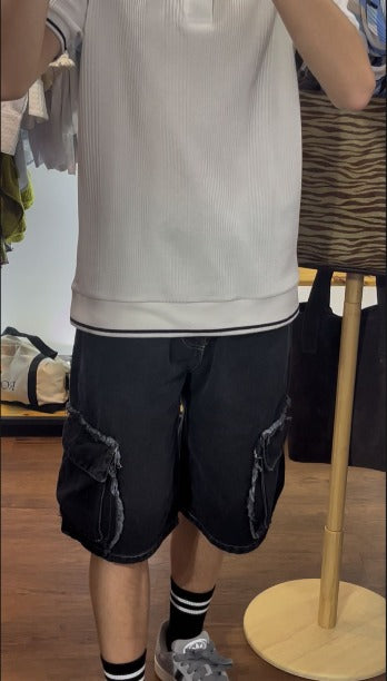 Bermuda Baggy Cargo Negra con Flecos